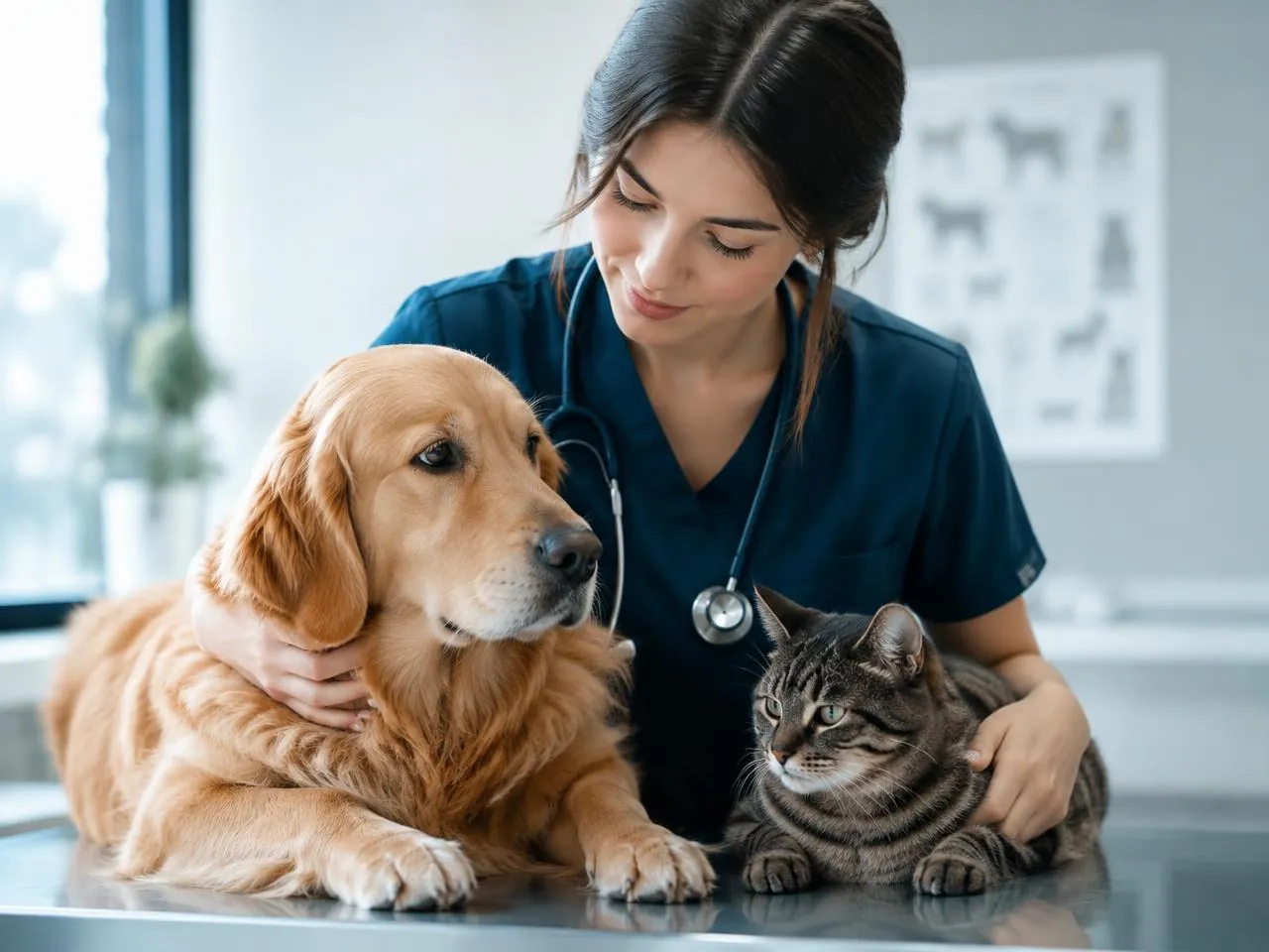 Estudante de veterinária examinando um cão e um gato